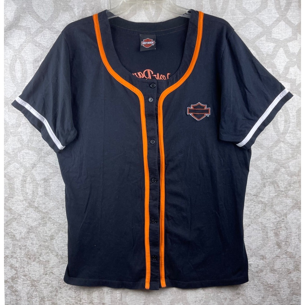 Harley-Davidson‎ Baseball Jersey Womens XL Black Orange Embroidered Button Shirt